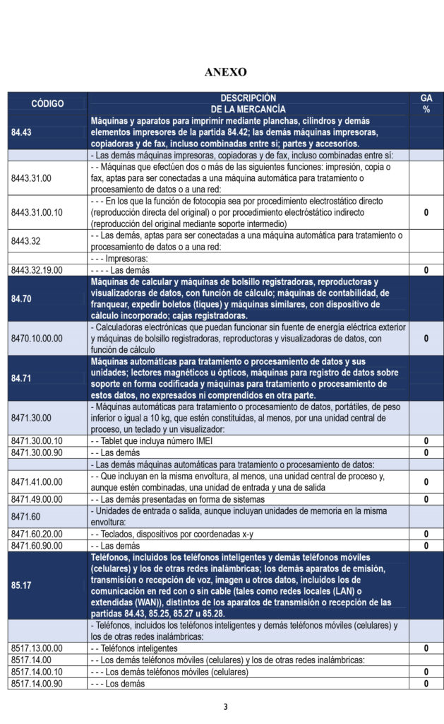 Anexo del decreto de arancel cero para línea negra 1